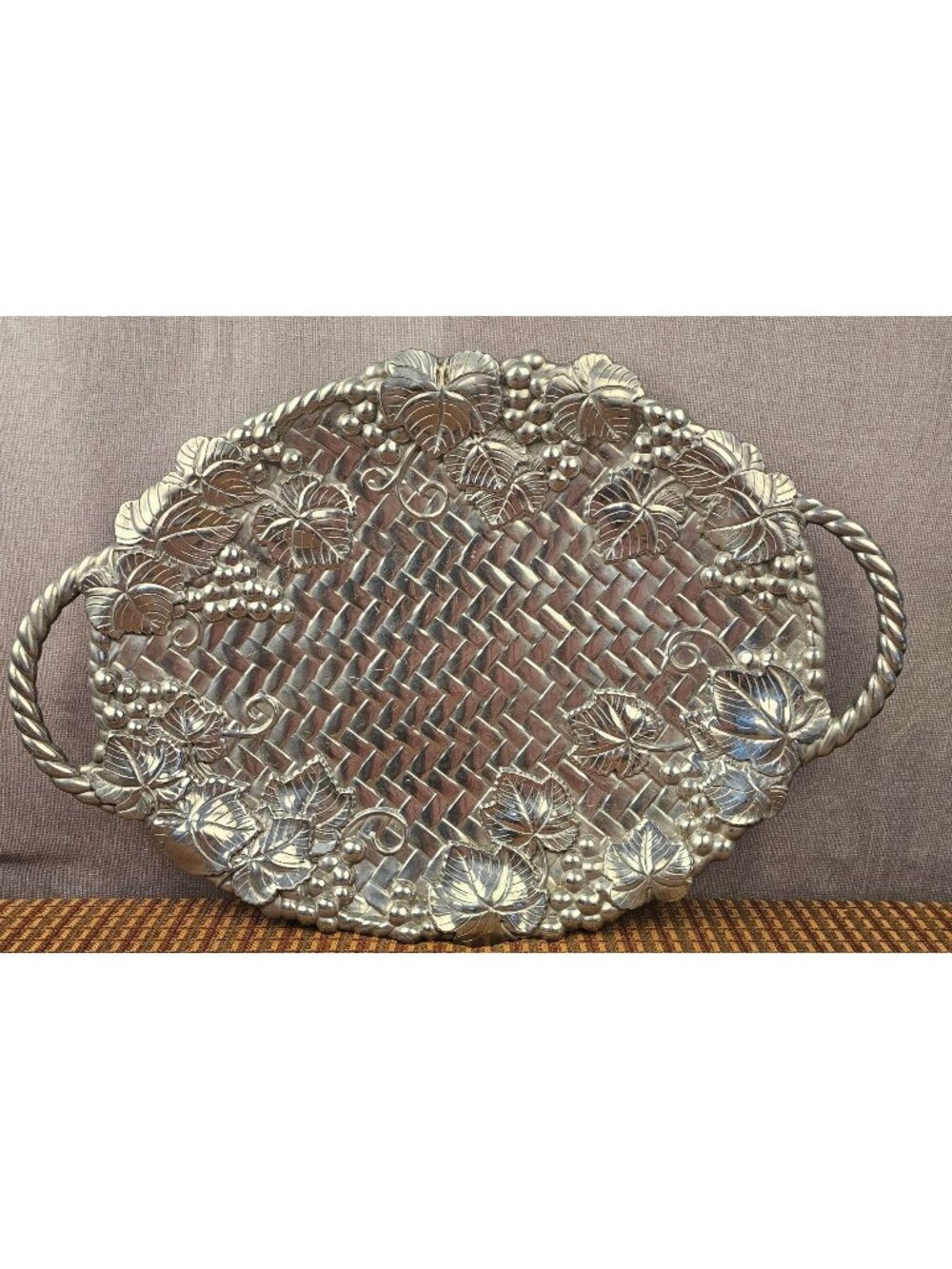 Lenox Silver-Plated Oval Serving Tray With Grapevine Embossed Design & Handles 1